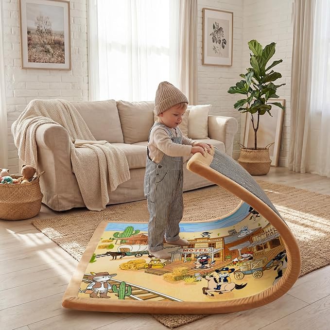 1.5" Thick Educational Baby Floor Play Mat 59x79, Flannel Padded Memory Foam Kids Mat, Non-Slip Plush Playmat for Nursery Playroom Classroom (Western Cowboy)