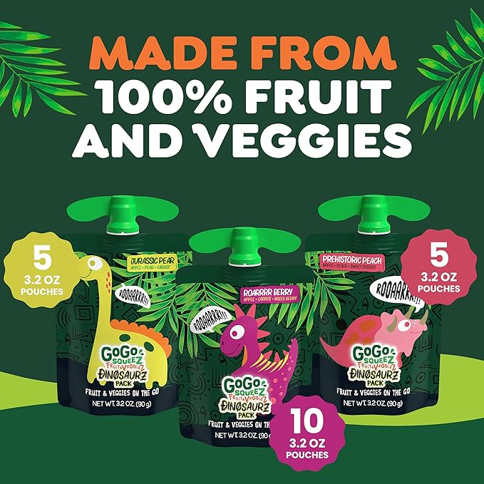 GoGo squeeZ Fruit & veggieZ Applesauce and Puree Variety Pack, Jurassic Pear, Roarrrr Berry & Prehistoric Peach, 3.2 oz (Pack of 20), Unsweetened Snacks for Kids, BPA Free Pouches