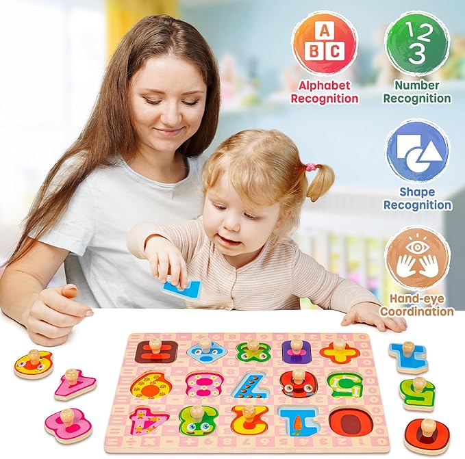 SYNARRY Wooden Puzzles for Toddlers 1-3, 6XSET Toddlers Puzzles Ages 1-3 with Rack, Learning Alphabet Number Shape Unicorn Princess, Toddler Valentines Day Easter Basket Stuffers Gifts Toys for Girls
