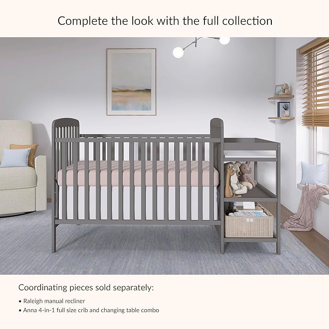 Dream On Me Anna 3-in-1 Convertible Full-Size Baby Crib & Changer with Storage in Steel Grey, GreenGuard Gold & JPMA, Pinewood, Converts to Day & Toddler Bed, 3 Mattress Heights, 1″ Changing Pad