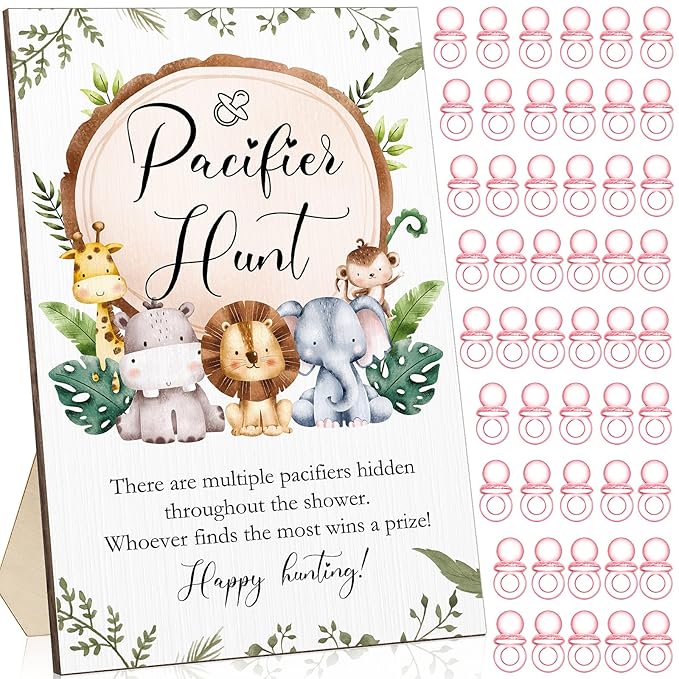 Roowest 51 Pcs Pacifier Hunt Baby Shower Games Include Wooden Hunt Sign and 50 Acrylic Mini Plastic Pacifiers for Baby Shower Game Decoration Gift Sets Gender Reveal Party Supplies