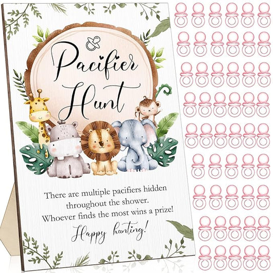 Roowest 51 Pcs Pacifier Hunt Baby Shower Games Include Wooden Hunt Sign and 50 Acrylic Mini Plastic Pacifiers for Baby Shower Game Decoration Gift Sets Gender Reveal Party Supplies