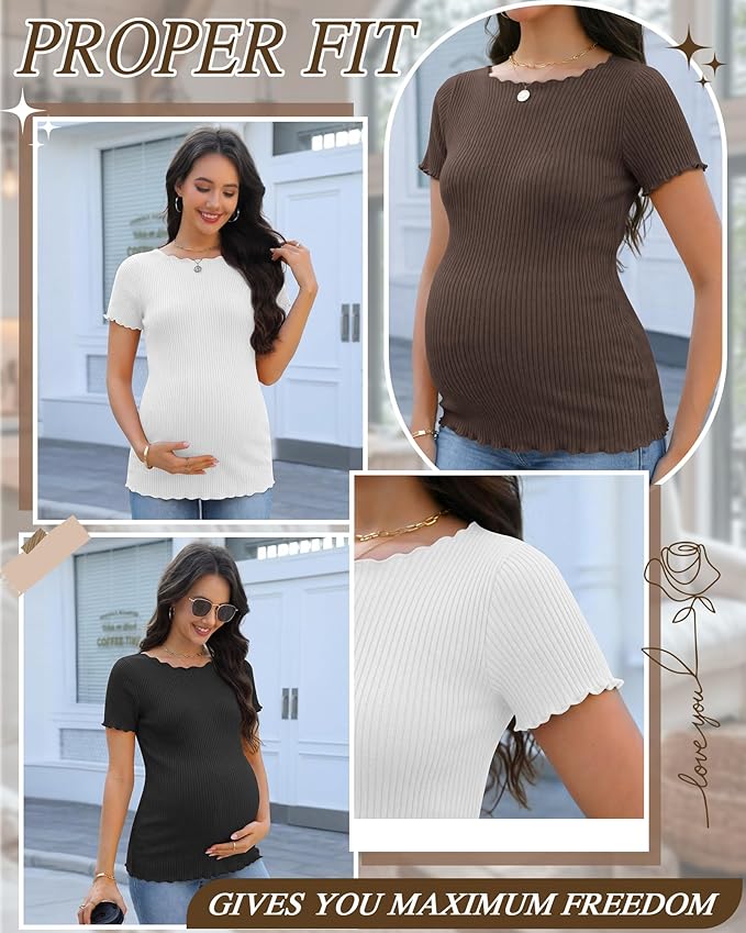 3 Pack Women's Maternity Ribbed Shirts Cotton Short Sleeve Pregnancy Tops Boat Neck Lettuce Trim Mama Clothes