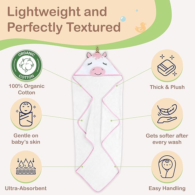 Mother's Choice Organic Hooded Baby Towels - Large Size, Cotton, Ultra-Soft & Absorbent Baby Towels with Hood for Newborns, Infants, Toddlers, Boys & Girls with Animal Hood (Unicorn)