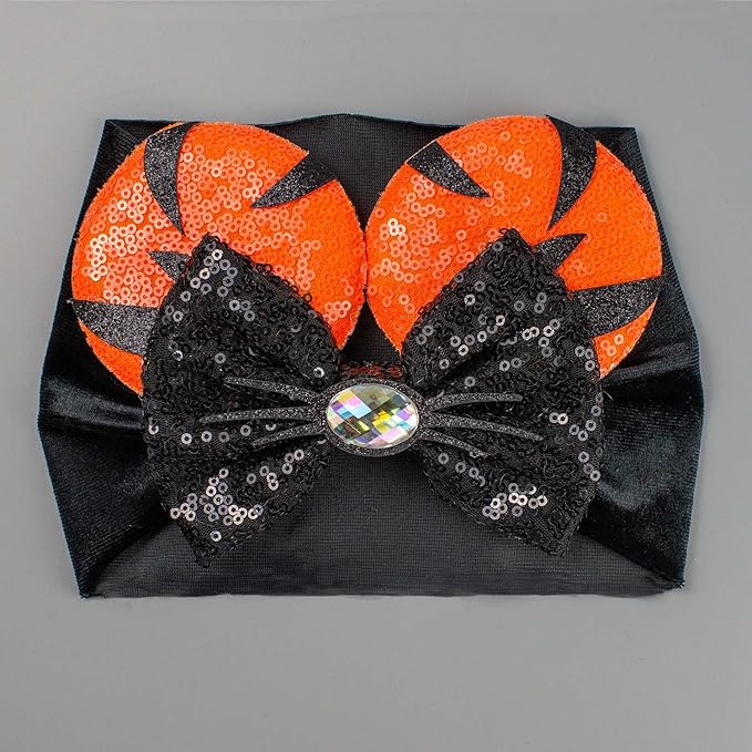 JIAHANG Baby Girl Halloween Mouse Ears Turban Headwrap with Sequin Bows, Wide Velvet Hairband, Hair Bow Headband for Newborn Toddler, Kids, Party Supplies