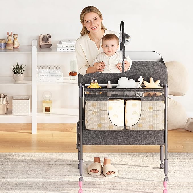 GarveeHome Baby Changing Table with Storage, Portable Foldable Diaper Changing Station with 2 Storage Baskets, Height Adjustable Waterproof Changing Table for Infant and Newborn