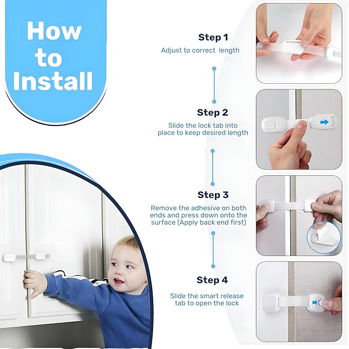 3M Adhesive Child Safety Strap Locks by Baby Proof Me, Baby Latches for Cabinets, Dishwashers, Fridges, Ovens and Trash Cans, Stain Free Toilet Lock (White, 24 Safety Latches)