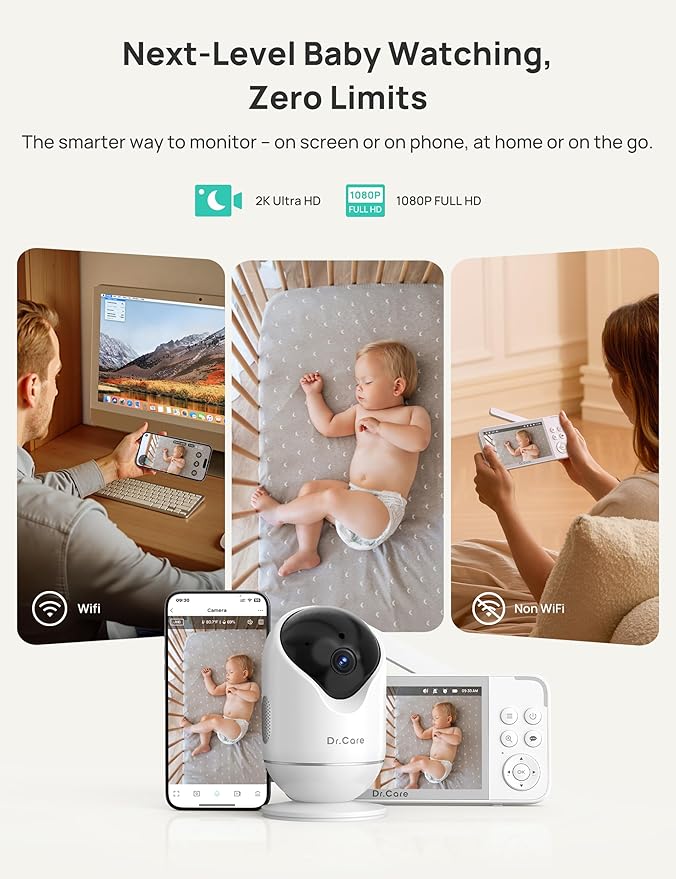 Dr.Care VistaView Smart WiFi Baby Monitor with 2 Cameras- 5” 1080P Split Screen & 2K Camera App Control, Cry & Motion Alerts, Night Vision, 2-Way Talk, Triple Security, 1279ft Range