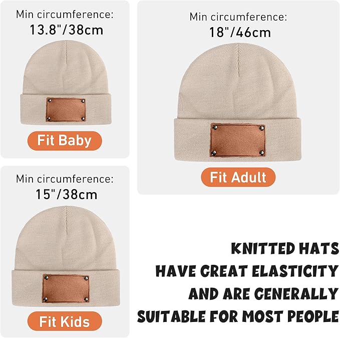 Personalized Name Baby Beanie Hat Leather Patch - Apricot Beanies Knit Hat Birthday Gifts for Kids Toddler to Adults