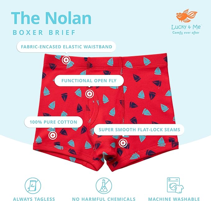Lucky & Me Nolan Boys GOTS, Organic Cotton, Boxer Briefs, 7-Pack