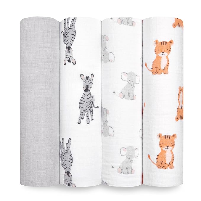 aden + anais Essentials Muslin Swaddle Blankets for Baby Girls and Boys, Newborn Receiving Blanket for Swaddling, 100% Cotton Baby Swaddle Wrap, 4 Pack, Safari Babes
