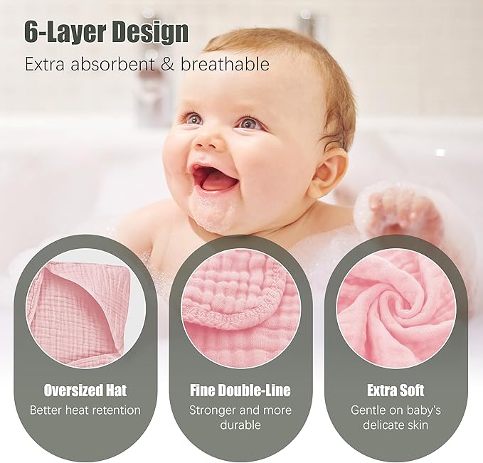 2 Pack Hooded Baby Towels - 100% Muslin Cotton for Newborns, Infants, Toddlers - Large 32x32Inch Size - Highly Absorbent and Essential for Newborn Care, White and Pink