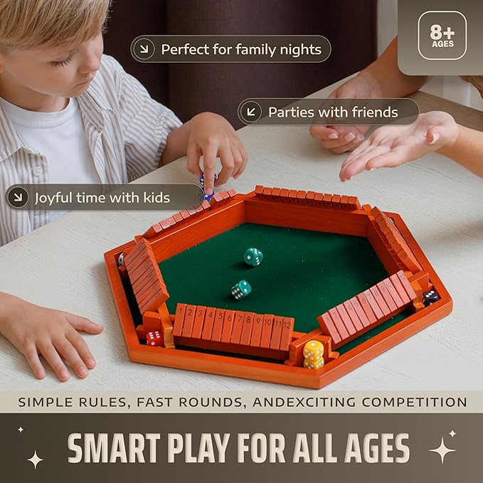 Shut The Box Game Wooden Board for 1-6 Players - 16-inch Shut The Box Game 12 Numbers for Adults & Kids - Ideal for Games Night