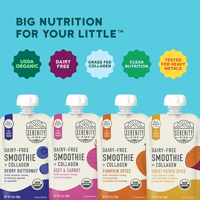 Serenity Kids 6+ Months Dairy-Free Smoothie Baby Food Pouches - Grass-Fed Collagen Protein - USDA Organic Baby Snacks & No Added Sweeteners - 3.5 Oz, 8 Pack