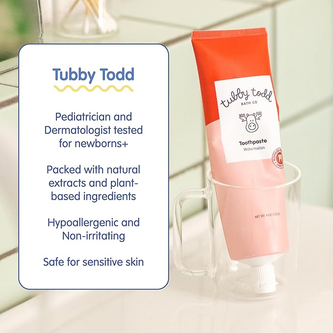 Tubby Todd Fluoride Free Kids Toothpaste - Made with Xylitol - Safe Toothpaste for Baby, Toddler, Infant & Children - 4oz, 2 Pack - Watermelon Flavor