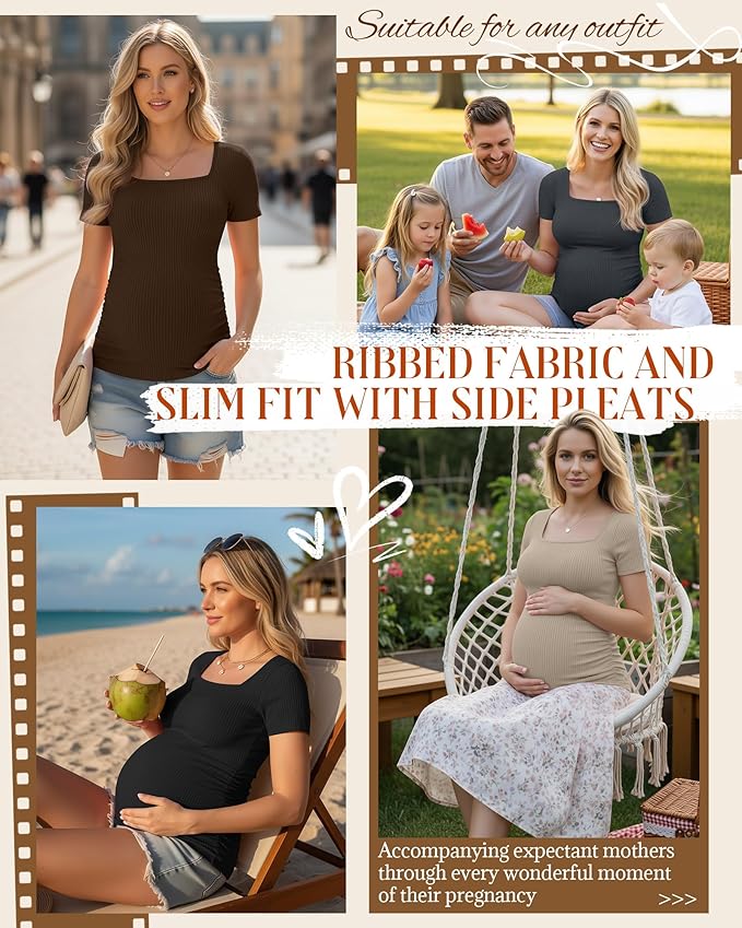 Huukeay 4 Pack Women's Maternity Shirts Cotton Ribbed Short Sleeve Square Neck Pregnancy Tops Side Ruched Summer Tee