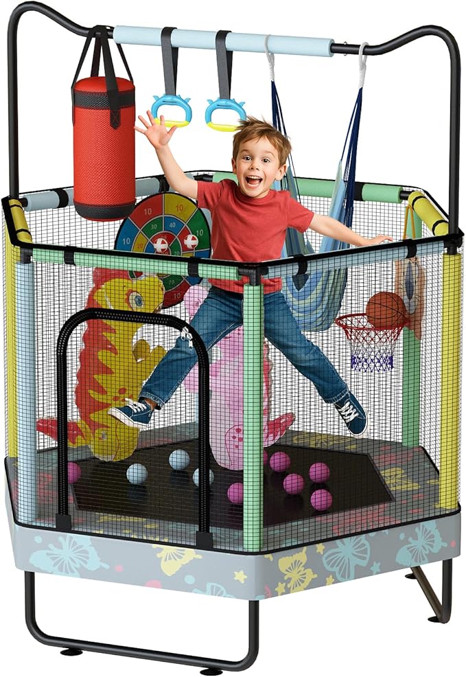 LAMERGE 55" 7-in-1 Round Trampoline for Kids Boys & Girls Ages 1-8, Indoor & Outdoor Trampoline for Fun, Adjustable Height Handrail ＆ Enclosed Safety Net ＆ Durable Designs for Toddlers Children