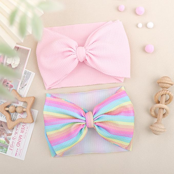 Rainbow Headbands for Baby Girls Hair Bows 2pcs Newborn Infant Toddler Kids Hair Accessories Pink Head Bow Colorful Stripes