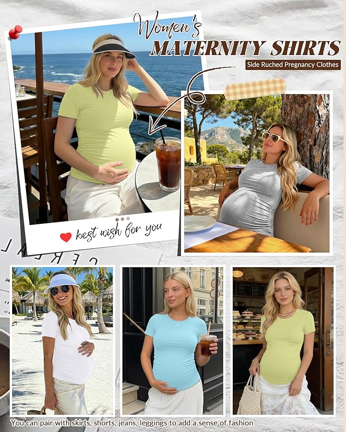 Huukeay 4 Pack Women's Maternity Shirts, Crew Neck Maternity Top Short Sleeve Casual Cotton Tee Side Ruched Pregnancy Clothes