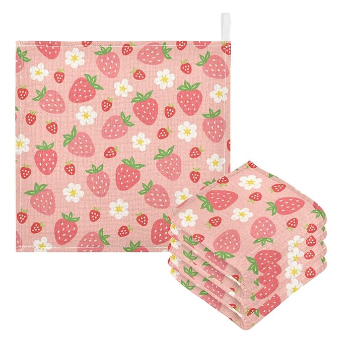 Strawberry Baby Muslin Washcloths 3 Pack, Absorbent Soft Cotton Baby Bath Face Towels Burp Cloths for Newborn Boys Girls, 12 x 12 Inch