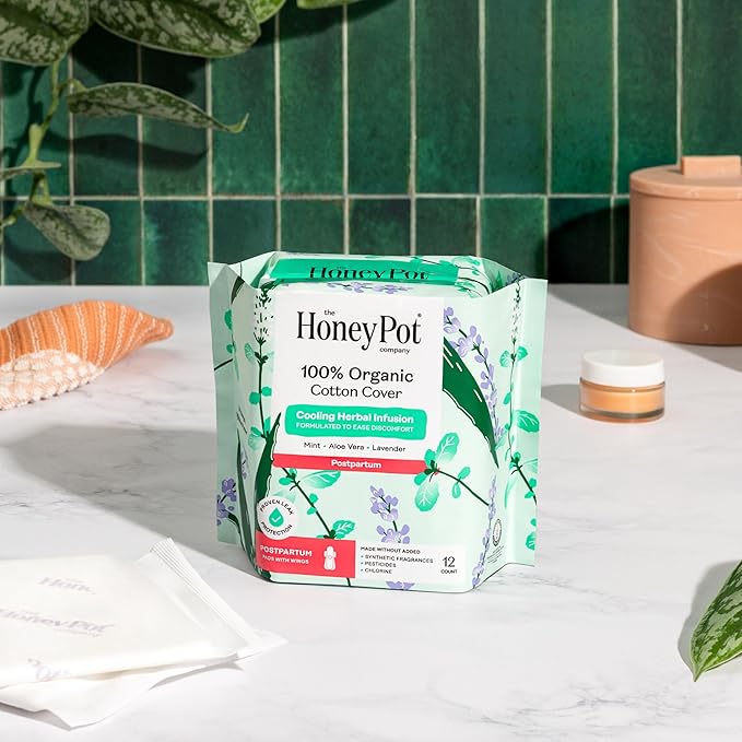 The Honey Pot Company - 48ct - Herbal Postpartum Pads w/Wings - Infused w/Essential Oils for Cooling Effect, Organic Cotton Cover, & Ultra-Absorbent - Feminine Care