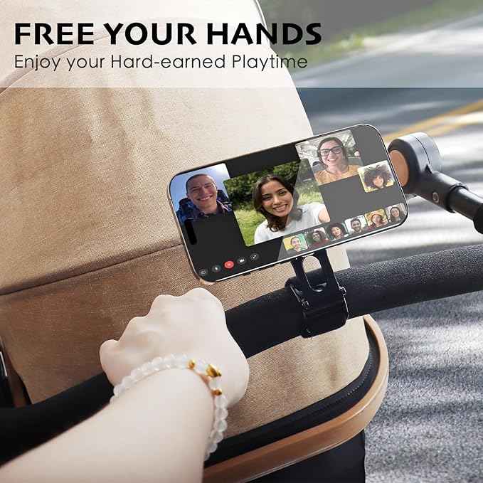 Magnetic Phone Holder for Stroller Bar, Compatible with MagSafe (Strong Magnet) - 180° Adjustable for Gym, Home Fitness Bikes, Shopping Cart, with Adjustable Strap, All Phone (Magnetic Ring Included)
