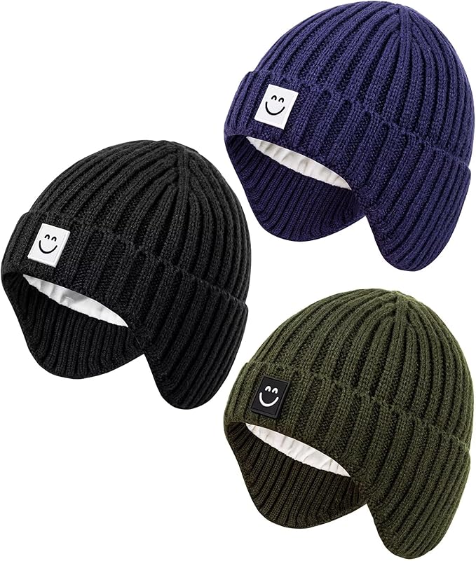 Alepo 3 Pack Baby Beanie Hats with Earflaps, 2 Size Baby Winter Hat for Toddler Kids, Fleece Lined Knit Hat for Girls Boys