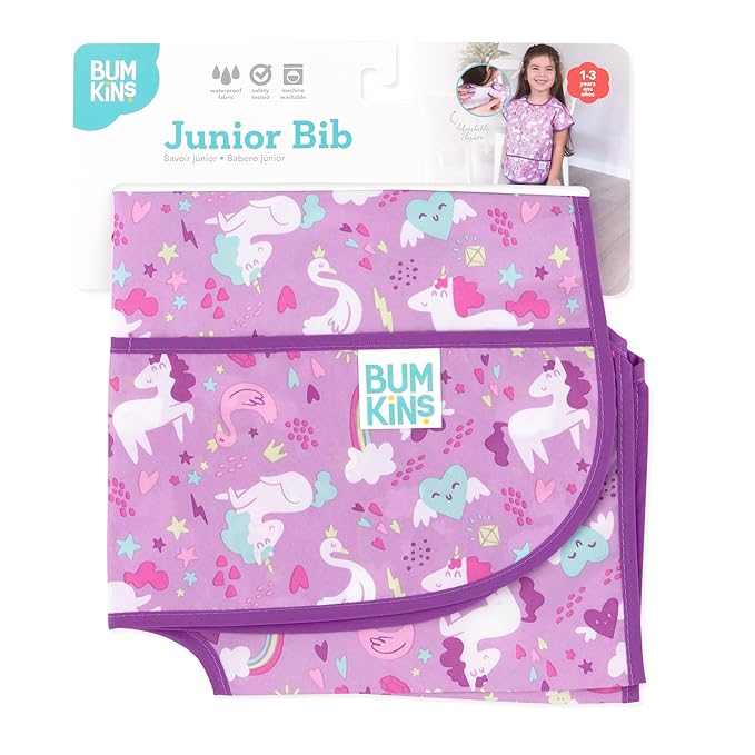 Bumkins Short Sleeve Bib for Girl or Boy, Toddler and Kids for 1-3 Years, Large Size, Essential Must Have for Junior Children, Eating, Mess Saving Soft Fabric Apron for Play, Unicorns Purple