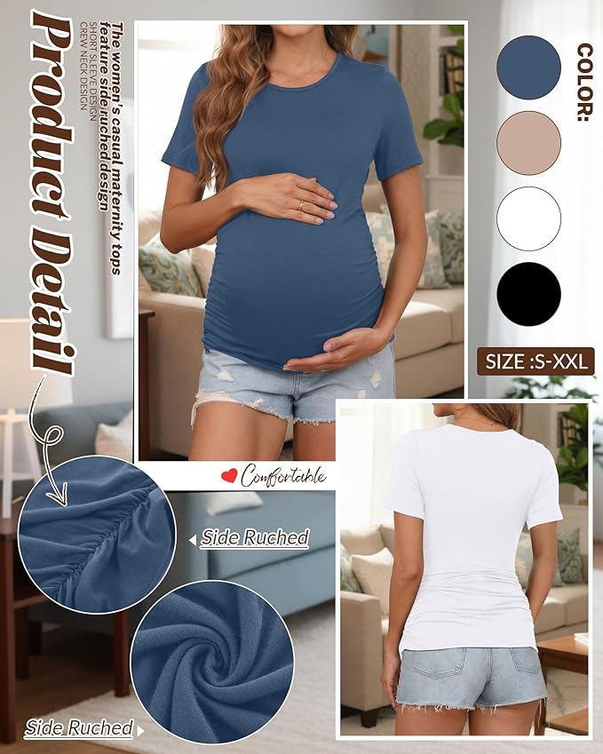 Huukeay 4 Pack Women's Maternity Shirts, Crew Neck Maternity Top Short Sleeve Casual Cotton Tee Side Ruched Pregnancy Clothes