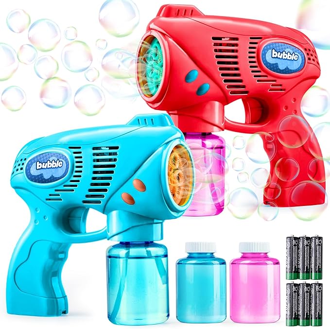JOYIN 2 Bubble Guns with 2 Refill Solution (10 oz Total), Bubbles Maker, Blower, Machine Gun Blaster for Kids, Toddlers, Outdoors Activity, Party, Birthday Gift, Easter Toys (Blue+Red)