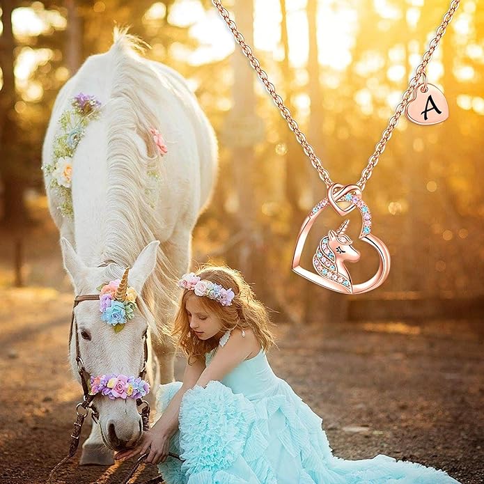 Hidepoo Valentines Gifts for Kids Girls - Unicorn Necklace Gifts for Teen Girls Kid, Colorful CZ Heart Pendant Initial Unicorn Necklaces for Girl Jewelry Birthday Gift for Girl Kid