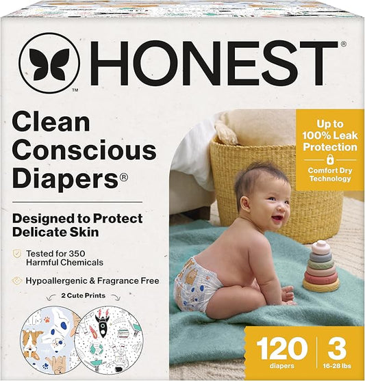 The Honest Company Comfort Dry Disposable Diapers for Sensitive Skin, Hypoallergenic, Space Travel + It's a Pawty, Super Club Box Size 3, (16–28 lbs), 120 Count