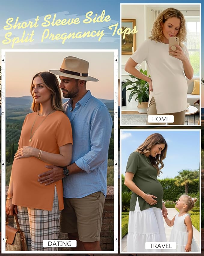 Ficerd 3 Pack Women's Maternity T Shirts, Short Sleeve Side Split Pregnancy Tops Casual Crew Neck Pregnant Tees Mama Clothes