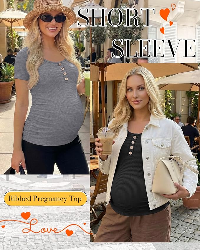 4 Pack Womens Maternity Shirts Scoop Neck Cotton Short Sleeve Ribbed Pregnancy Top Henley Side Ruched Mama Clothes