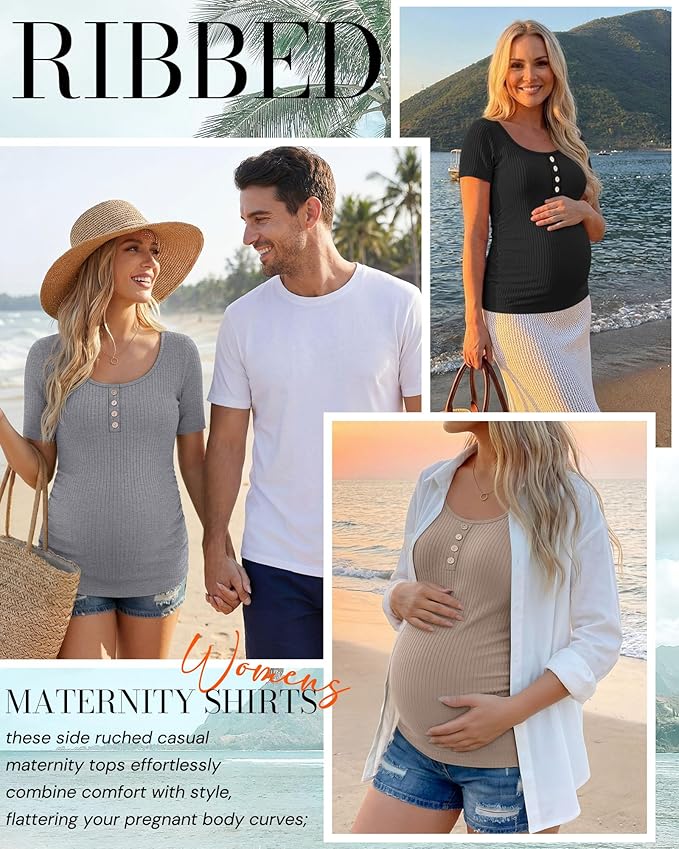 4 Pack Womens Maternity Shirts Scoop Neck Cotton Short Sleeve Ribbed Pregnancy Top Henley Side Ruched Mama Clothes