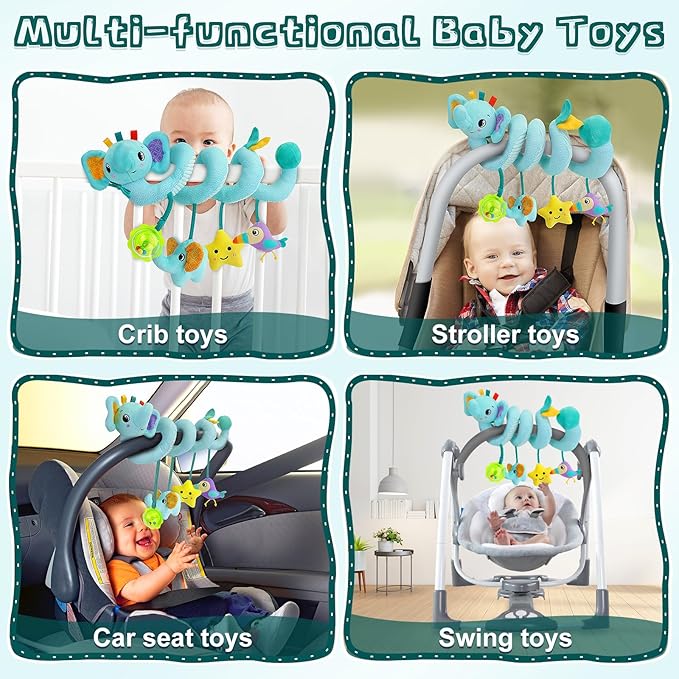 FPVERA Spiral Car Seat Activity Toy, Stroller Arch Baby Crib Hanging Toy with Rattle, Squeaky, Ringing Bell for Bassinet, Stroller, Crib for Infant Newborn Boy Girl Ages 0-12 Months