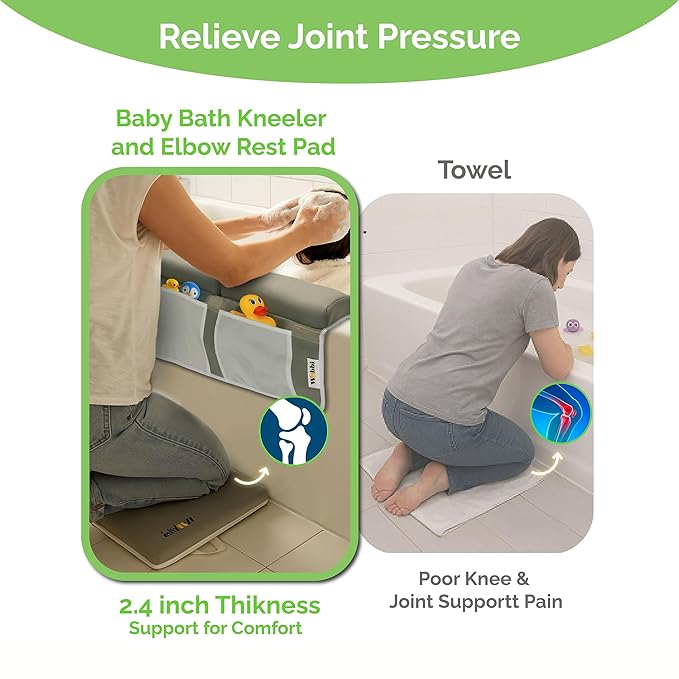Wobbi Baby Bath Kneeler and Elbow Rest Pad Set - 1.5" Thick Memory Foam Knee Pad for Bathing Babies - 6 Suction Cups Non Slip Bath Kneeling pad with Toy Storage - Foldable & Quick Drying-Grey