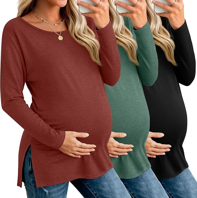 Riyiper 3 Pack Women's Maternity Long Sleeve T-Shirts Round Neck Side Split Tops Loose Casual Pregnancy Mama Clothes Fall