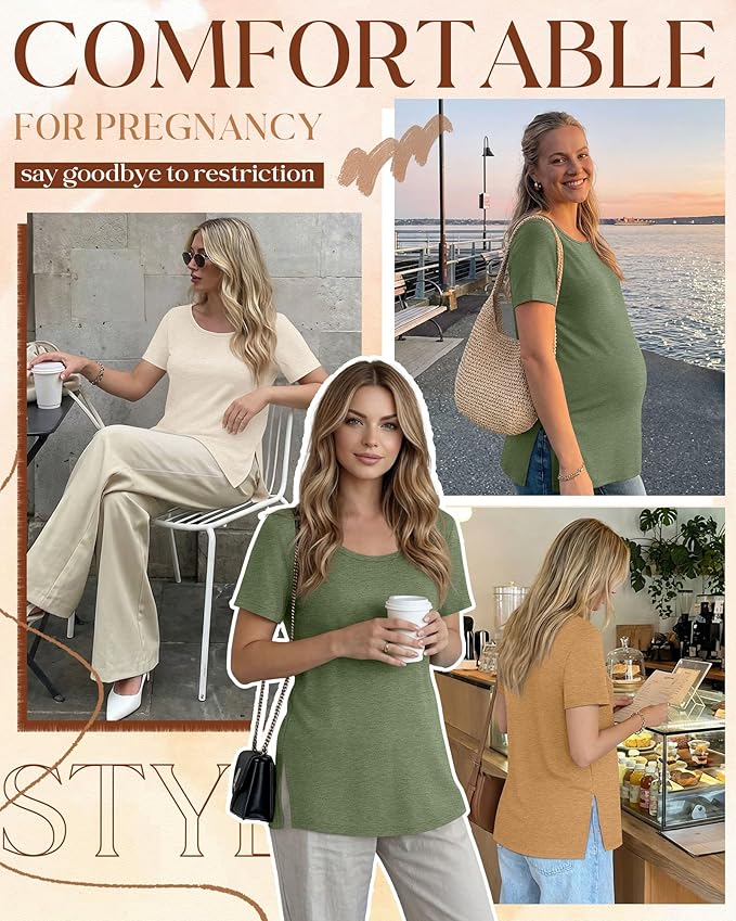 3 Pack Women's Maternity Shirts Short Sleeve Round Neck Side Split Pregnancy Tops Loose Summer Casual Mama Clothes