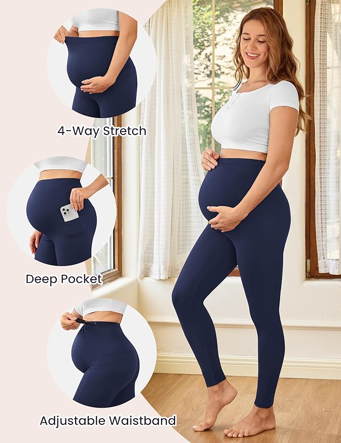 VALANDY Creamlush 2 Pack Women's Maternity Leggings with Pockets Over The Belly,Soft Comfy Active Yoga Lounge Pregnancy Pants