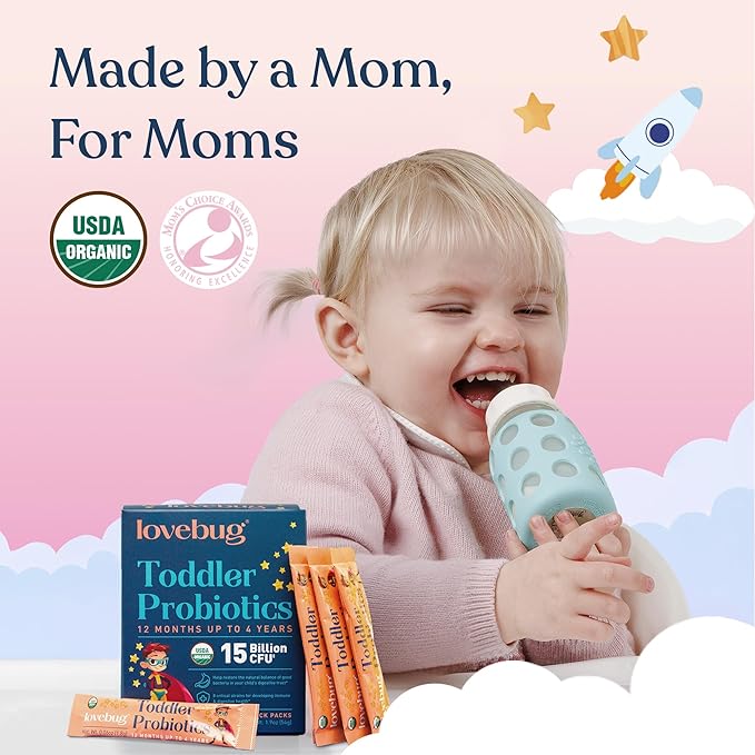 LOVEBUG Kids Probiotic Powder with Prebiotic Fiber - Toddler Immunity Support & Constipation Relief - USDA Organic Probiotics for Childrens Gut & Digestive Health (Ages 1-4) - 60 Pack (Unflavoured)