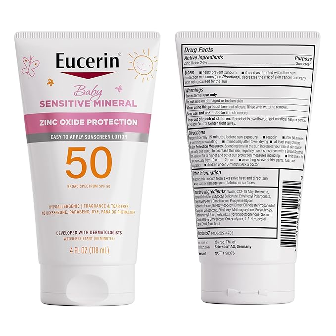 Eucerin Sun Sensitive Mineral Baby Sunscreen Lotion SPF 50 with Zinc Oxide Protection, Hypoallergenic Mineral Sunscreen for Babies, Tear Free and Fragrance Free, 4 Fl Oz Tube