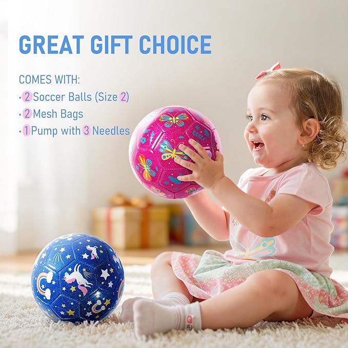 Toddler Soccer Ball Size 2 - Small Soft Kids Ball 2 Pack for Ages 1-3 3-5 - Cartoon Sports Toy Boys Girls - Soccer Gift for Indoor Outdoor Games - Birthday/First/Valentine Gift for Toddlers Kids