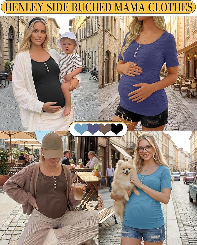 4 Pack Womens Maternity Shirts Scoop Neck Cotton Short Sleeve Ribbed Pregnancy Top Henley Side Ruched Mama Clothes