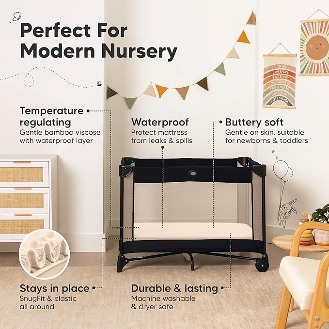 2-Pack Waterproof Pack and Play Sheets, Mini Crib Sheets Fitted for Boy, Girl - 38 x 26 Viscose from Bamboo Pack N Play Mattress Sheets for Graco, Toddler Playard Baby Crib Sheets Neutral (Cameo)