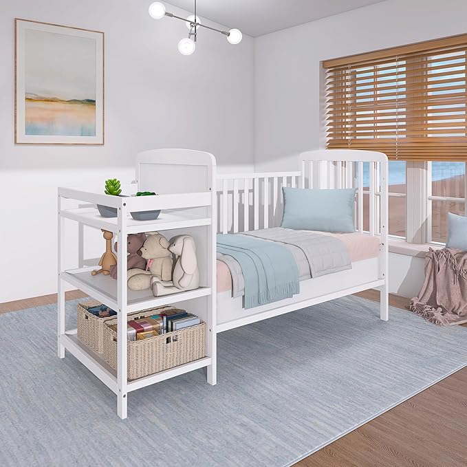 Dream On Me Anna 3-in-1 Convertible Full-Size Baby Crib & Changer with Storage in White, GreenGuard Gold & JPMA, Pinewood, Converts to Day & Toddler Bed, 3 Mattress Heights, 1″ Changing Pad