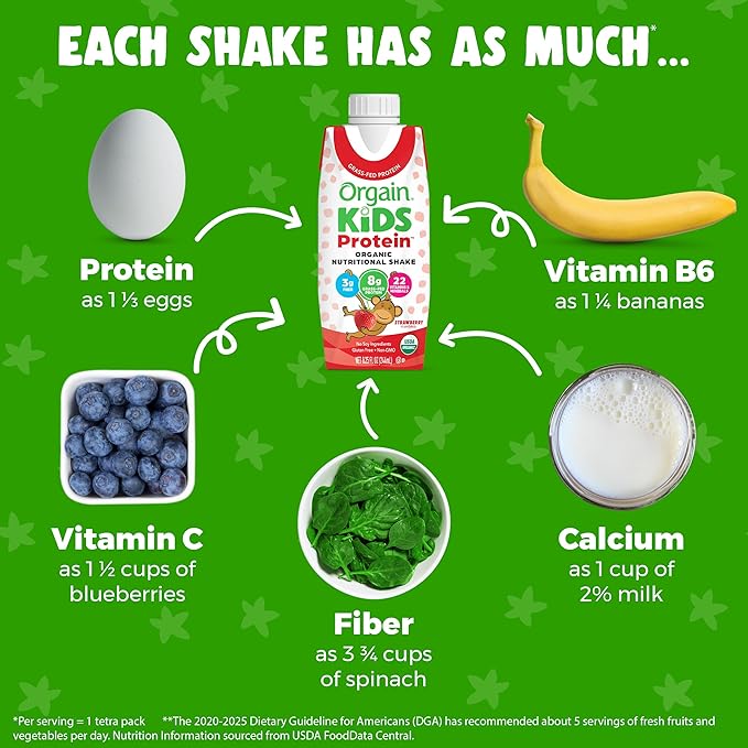 Orgain Organic Kids Nutritional Protein Shake, Strawberry, Healthy Kids Snacks, 8g Dairy Protein, 3g of Fiber, 22 Vitamins & Minerals, No Soy ingredients, Gluten Free, Non-GMO, 8.25 Fl Oz (Pack of 12)