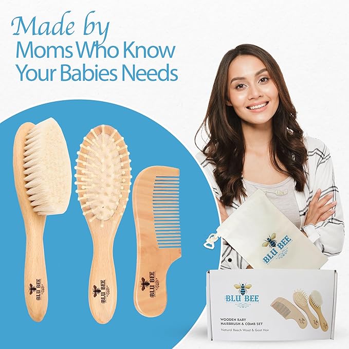 The Hat Pros Wooden Baby Hairbrush & Comb Set | Soft Goat Hair Brush for New Born & Toddlers, Prevents Cradle Cap, 3-in-1 Gift Set for Baby Shower Celebrations
