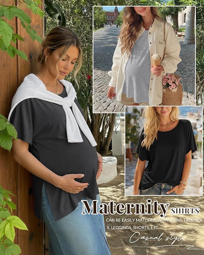 Riyiper 3 Pack Women's Maternity Tunic Shirts Cotton Summer Pregnancy Clothes Loose Oversized Split Side Blouse Tops