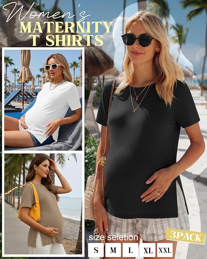 Ficerd 3 Pack Women's Maternity T Shirts, Short Sleeve Side Split Pregnancy Tops Casual Crew Neck Pregnant Tees Mama Clothes